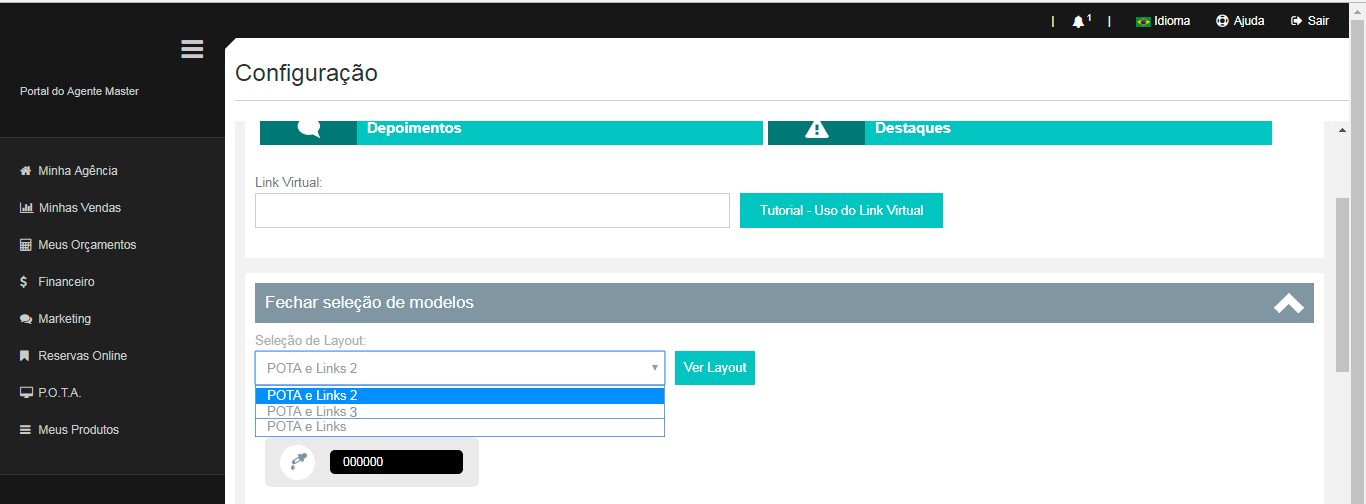Painel de configurações de Layout da P.O.T.A.